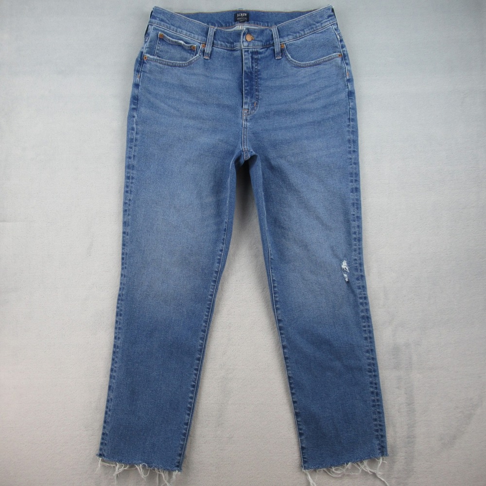 JCrew Essential Straight Leg Jeans Blue Distressed Raw Hem 33T CB347 FA24